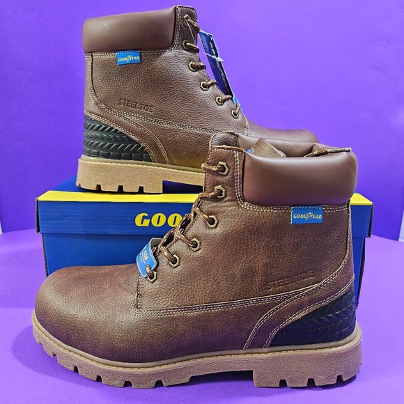 NEW Goodyear Men's Size 10 Maverik Steel Toe Work Boots Slip Resistant Brown Tan - Picture 1 of 8